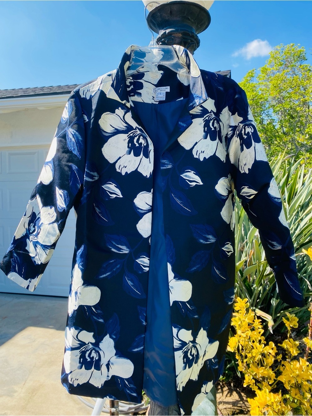 Grace Chuang  New York Floral Jacquard Open Front Topper Jacket Coat Sz L